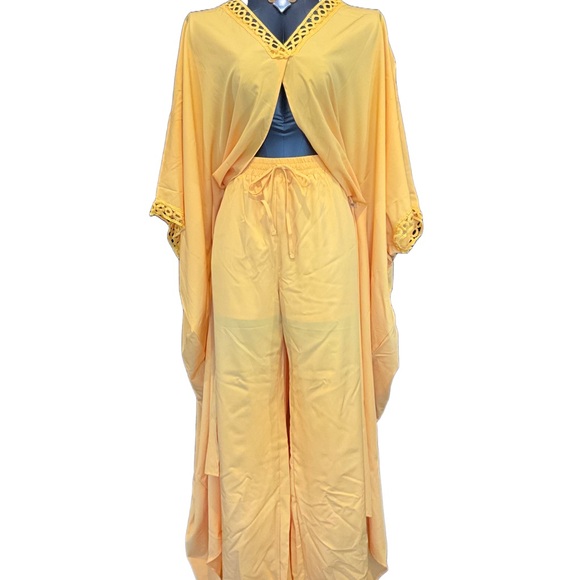 ChicMe Two Piece Yellow Vacation wear V Neck Flare Sleeve Top Wide Leg Pants Set - Picture 5 of 11